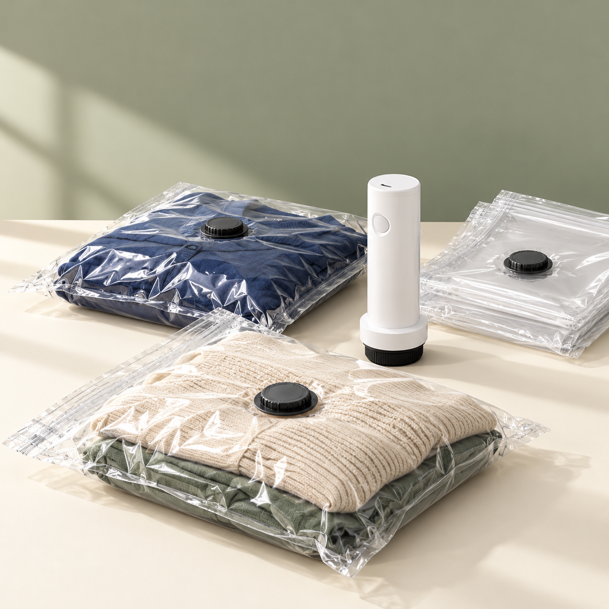 Styled studio illustration of a travel vacuum pump and clothing compression bags