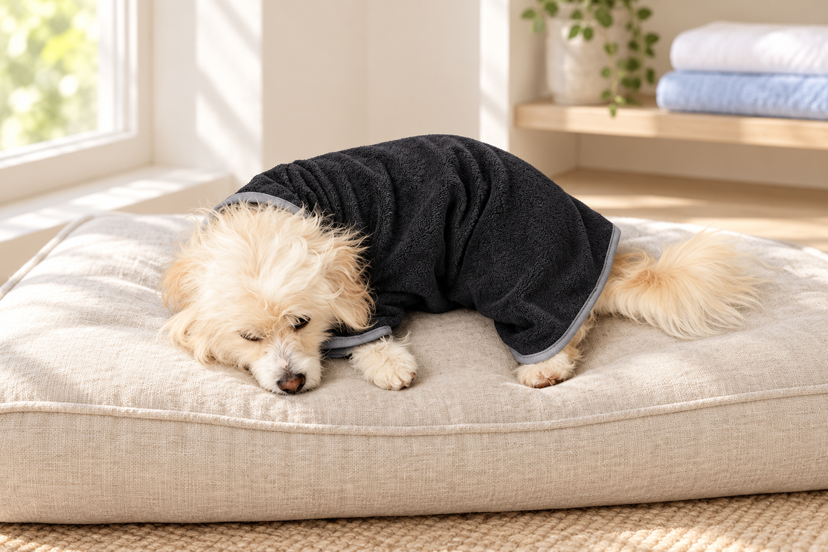 Styled image of the TESVOO black dog drying robe, based on the original product design