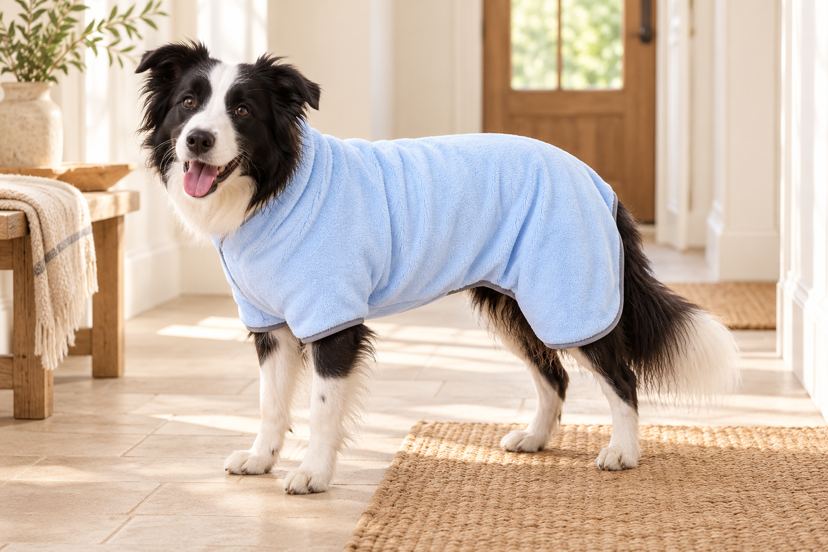 Blue robe on a border collie — styled product image