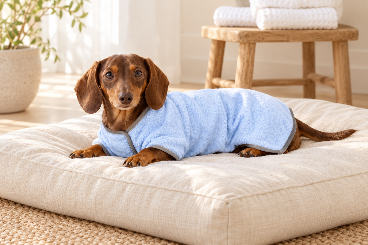 Blue robe on a dachshund — styled product image